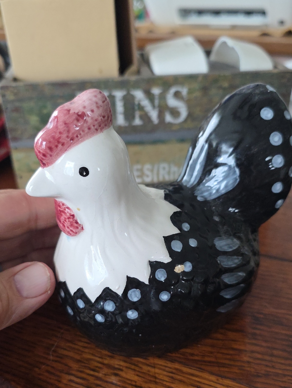 Ceramic Black and White Polka Dot Rooster Figurine Dish Scubber Holder Cute
